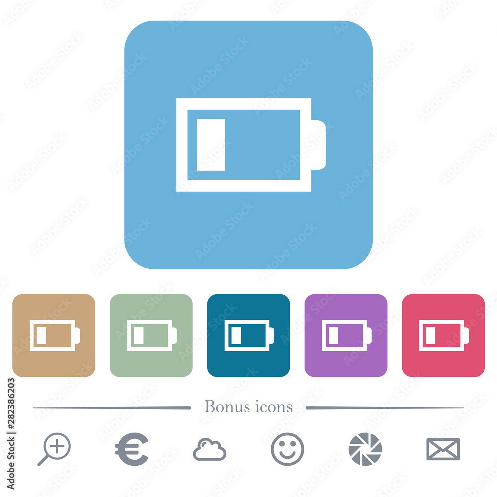 Poster low battery with one load unit flat icons on color rounded square backgrounds