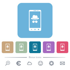 Mobile incognito flat icons on color rounded square backgrounds