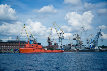 cargo cranes for unloading ships in the port