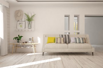 Stylish room in white color with sofa. Scandinavian interior design. 3D illustration