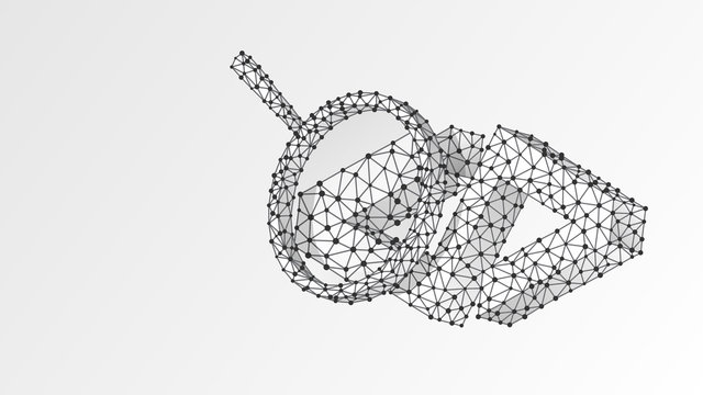 Magnifying glass Analysis of HTML code Bracket. Coding analytics, software programming concept. Abstract, digital, wireframe, low poly mesh, vector polygonal blue neon 3d illustration. Line dot