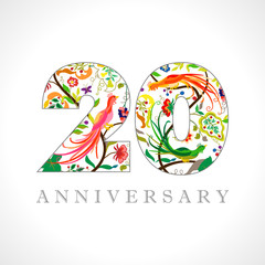 Obraz na płótnie Canvas 20 years old logotype. 20 th anniversary numbers. Decorative symbol. Age congrats with peacock birds. Isolated abstract graphic design template. Royal coloured digits. Up to 20% percent off discount.