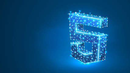 HTML coding language sign. Device, programming, developing concept. Abstract, digital, wireframe, low poly mesh, Raster blue neon 3d illustration. Triangle, line dot star