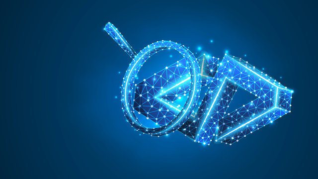 Magnifying glass Analysis of HTML code Bracket. Coding analytics, software programming concept. Abstract, digital, wireframe, low poly mesh, Raster polygonal blue neon 3d illustration. Line, dot, star