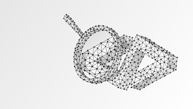 Magnifying glass Analysis of HTML code Bracket. Coding analytics, software programming concept. Abstract, digital, wireframe, low poly mesh, Raster polygonal white origami 3d illustration. Line, dot