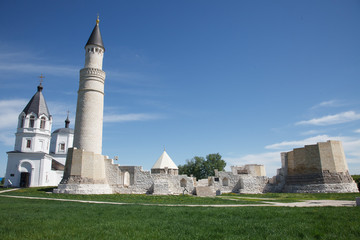 Bulgar historical and archaeological monument near Kazan. Large Minaret complex of the ancient ruins in the city of Bolgar on the Volga river, Tatarstan, Russia