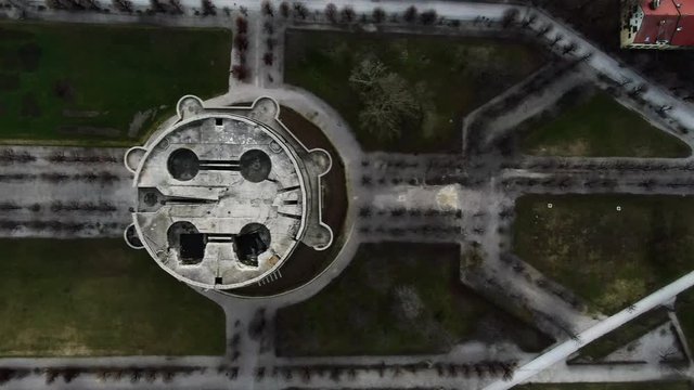 Aerial Bird's-Eye View: Panning Above Flak Tower in Park in Vienna, Austria