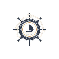 Vector isolated flat label of steering wheel with hanging rope, ship at the center on the white background.