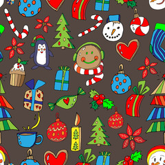 Christmas Icons Seamless Pattern with New Year Tree, penguin, gingerbread, gifts, lollipop, cupcake and decor. Happy Winter Holiday Wallpaper with Nature Decor elements. Grey background design.