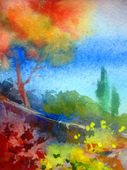 Watercolor colorful bright textured abstract background handmade . Mediterranean landscape . Painting of vegetation and architecture of the sea coast , made in the technique of watercolors from nature