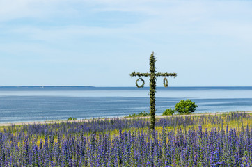 Maypole in a blossom blue field by the coast in Sweden