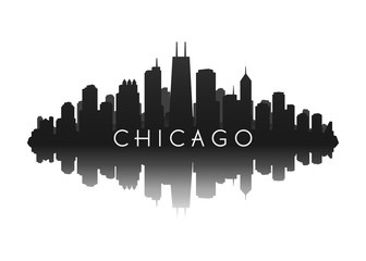 chicago skyline with city illustration silhouette with reflection