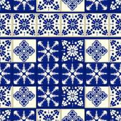 Fototapeta premium Vector tile pattern, Lisbon floral mosaic, Mediterranean seamless navy blue ornament