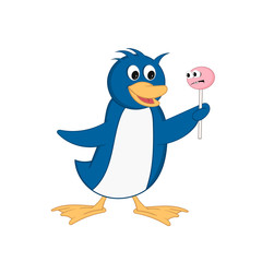 Funny penguin holds candy on a stick in his hand. Cheerful cartoon comic style with contour. Decorative illustration for your greeting cards, posters, patches and prints for clothes, flyers, emblems.