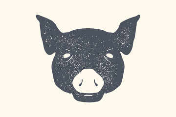 Pig. Vintage retro print, poster, banner. Black and white