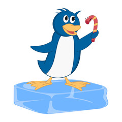 Funny penguin stands on an ice floe and holds a candy in his hand. Cheerful cartoon comic style with contour. Decorative illustration for your greeting cards, posters, patches and prints 