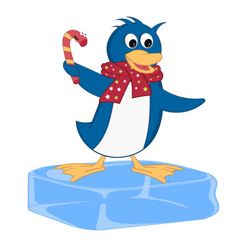 Funny penguin in a scarf stands on an ice floe and holds a candy in his hand. Cheerful cartoon comic style with contour. Decorative illustration for your greeting cards, posters, patches and prints