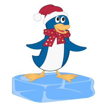 Funny penguin in a Christmas hat and scarf stands on an ice floe. Cheerful cartoon comic style with contour. Decorative illustration for your greeting cards, posters, patches and prints