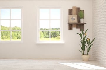 Fototapeta premium Stylish empty room in white color with summer landscape in window. Scandinavian interior design. 3D illustration