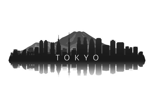 tokyo city skyline illustration silhouette with reflection
