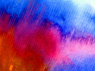 Watercolor abstract bright colorful textural background handmade . Painting of sky and clouds during sunset . Modern cosmic pattern . Shine