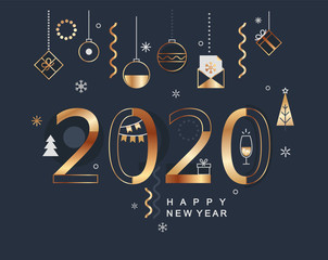 2020 new year banner with gold holiday elements on dark background. Modern design card, poster with christmas balls,fur-tree and gifts, wishing happy party.Great for web,invitations, flyers,greetings.