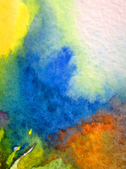 Watercolor abstract bright colorful textural background handmade . Painting of sky and clouds during sunset . Modern cosmic pattern . Shine