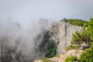 Ai-petri mountain in the fog. High mountain. Crimea. Russian mountains. Low clouds. Beautiful mountain landscape. The famous AI Petri mountain, partially covered with clouds, fog
