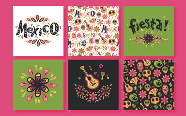 Fototapeta na wymiar Vector collection of Mexico hand drawn style cards with traditional patterns, decor elements, fiesta lettering on different backgrounds. Good for party, advertising design. Skull, flower, guitar.