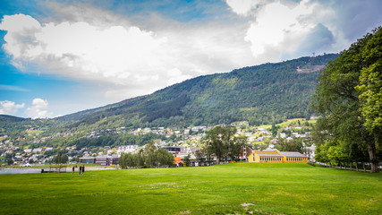 Fototapeta na wymiar Panoramic view of the city Voss, Hordaland in the heart of Fjord Norway between the famous fjords Sognefjord and Hardangerfjord