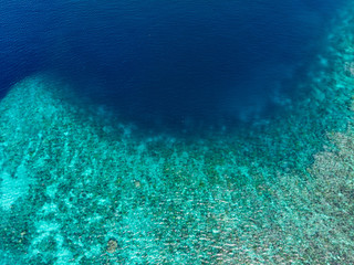 Fototapeta na wymiar Aerial top down coral reef tropical caribbean sea, turquoise blue water. Indonesia Wakatobi archipelago, marine national park, tourist diving boat travel destination