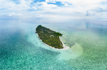 Aerial view tropical beach island reef caribbean sea. Indonesia Wakatobi archipelago, Tomia Island, marine national park. Top travel tourist destination, best diving snorkeling.