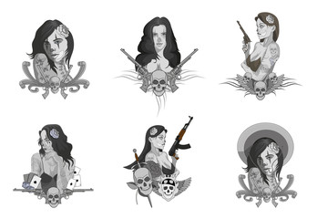 Set of Pretty Chicano Girls. Day of the Dead. Chicano Tattoo Girls. Gangster Girl. Chicano Style. Vector Graphics to Design