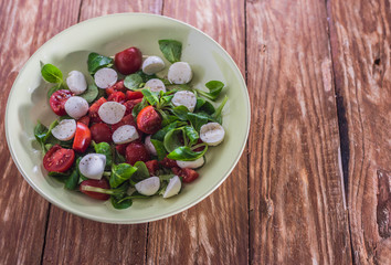 Fresh delicious tomatoes. With mozzarella cheese typical italian healthy cuisine culture.. Red tomatoes on a wood background.
