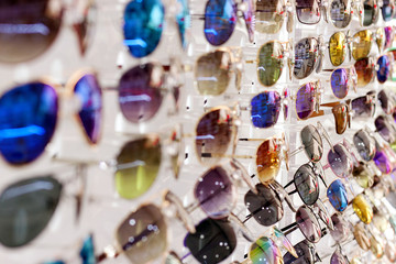 Shop stand with sunglasses, close up