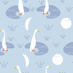 Cute goose, water, moon and sun in a seamless pattern design