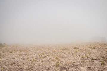 Ai-petri mountain in the fog. High mountain. Crimea. Russian mountains. Low clouds. Beautiful mountain landscape. The famous AI Petri mountain, partially covered with clouds, fog