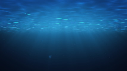 Rays of sunlight shining from above penetrate deep clear blue water. Sun light beams underwater. Small bubbles move up, under the water surface. 3D Rendering