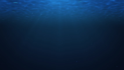 Fototapeta na wymiar Rays of sunlight shining from above penetrate deep clear blue water. Sun light beams underwater. Small bubbles move up, under the water surface. 3D Rendering