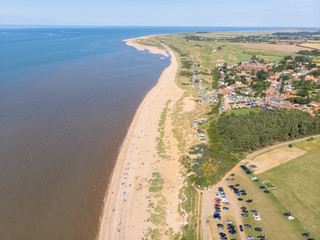 Aerial photo of the British seaside town of Hunstanton in Norfolk. Showing the beach on a bright sunny day