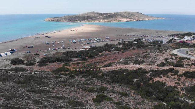Aerial reveal shot of beautiful Prasonisi Kite Beach on Rhodes Island