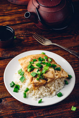 Japanese rice dish with chicken, egg, sliced scallion