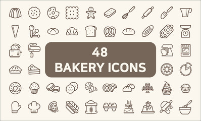 Set of 48 bakery and dessert Icons line style.  Contains such Icons as cookie, pudding, oven, kitchen tools, doughnut, bread, macaroon, muffin And Other Elements.  customize color, easy resize.