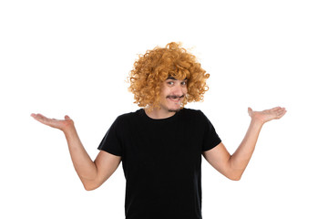 Man with a mustache wearing a woman's wig