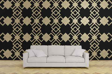 3d illustration, interior design of empty room with white fabric sofa, black wall with golden pattern