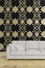 3d illustration, interior design of empty room with white fabric sofa, black wall with golden pattern, background vertical