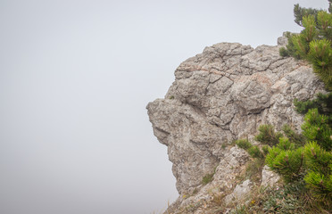 Ai-petri mountain in the fog. High mountain. Crimea. Russian mountains. Low clouds. Beautiful mountain landscape. The famous AI Petri mountain, partially covered with clouds, fog