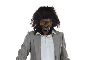Businessman with gorilla head gesturing