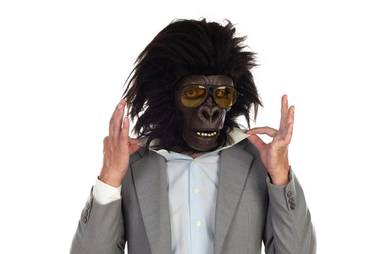 Businessman with gorilla head gesturing
