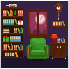 Vector illustration of evening living room with armchair, bookcase, bedside table and window. Interior design of a cozy living room.